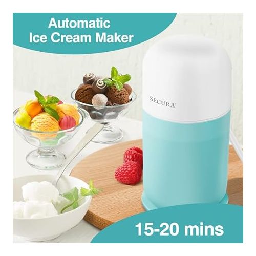  Secura Mini Ice Cream Maker for Gelato, Sorbet, Frozen Yogurt, 0.4QT Automatic Electronic Gelato Maker with Mixing Spoon & Recipe Book, Quick Homemade & Great Gift,Aqua