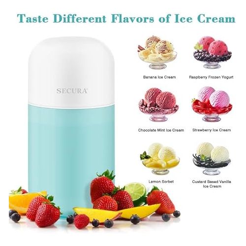  Secura Mini Ice Cream Maker for Gelato, Sorbet, Frozen Yogurt, 0.4QT Automatic Electronic Gelato Maker with Mixing Spoon & Recipe Book, Quick Homemade & Great Gift,Aqua