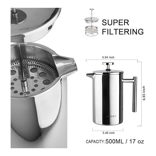  Secura French Press Coffee Maker, 304 Grade Stainless Steel Insulated Coffee Press with 2 Extra Screens, 17oz (0.5 Litre), Silver