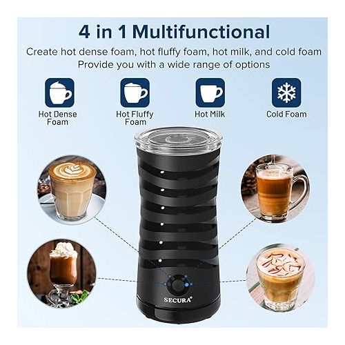  Secura Electric Milk Frother, Automatic Milk Steamer, 4-IN-1 Hot & Cold Foam Maker-8.4oz/240ml Milk Warmer for Latte, Cappuccinos, Macchiato with Silicone Spatula, Silent Operation & Shut-off