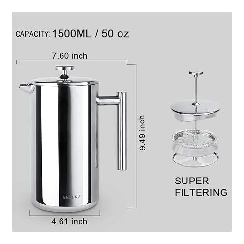  Secura French Press Coffee Maker, 304 Grade Stainless Steel Insulated Coffee Press with 2 Extra Screens, 50oz (1.5 Litre), Silver