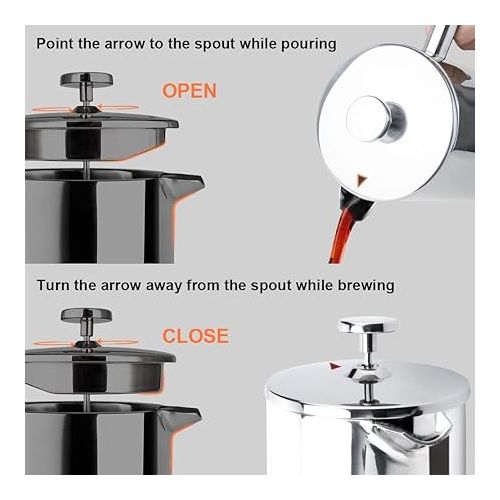  Secura French Press Coffee Maker, 304 Grade Stainless Steel Insulated Coffee Press with 2 Extra Screens, 50oz (1.5 Litre), Silver