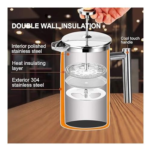  Secura French Press Coffee Maker, 304 Grade Stainless Steel Insulated Coffee Press with 2 Extra Screens, 50oz (1.5 Litre), Silver