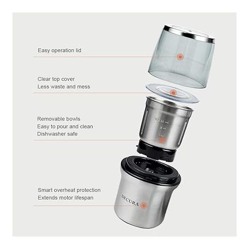  Secura Electric Coffee Grinder and Spice Grinder with 2 Stainless Steel Blades Removable Bowls