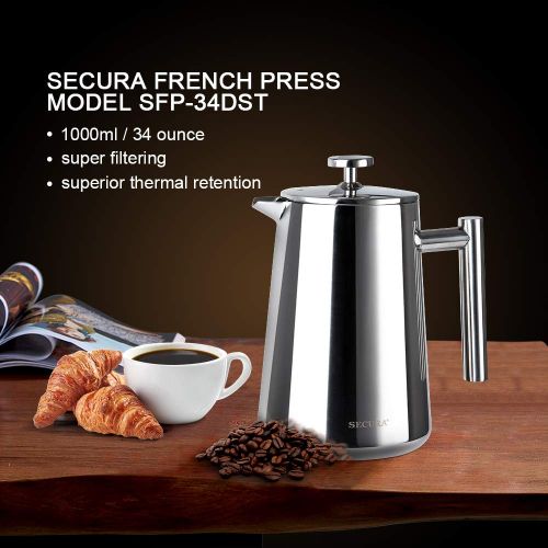  Secura French Press Kaffeebereiter, 1000 ml, silberfarben