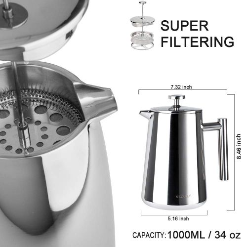  Secura French Press Kaffeebereiter, 1000 ml, silberfarben