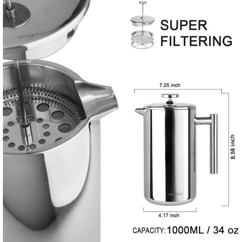  Secura Kaffeebereiter, Franzoesische Kaffeepresse, French Press aus Edelstahl, Caffettiera, Kaffeekanne mit Edelstahlfilter, 1 Liter, in Silber