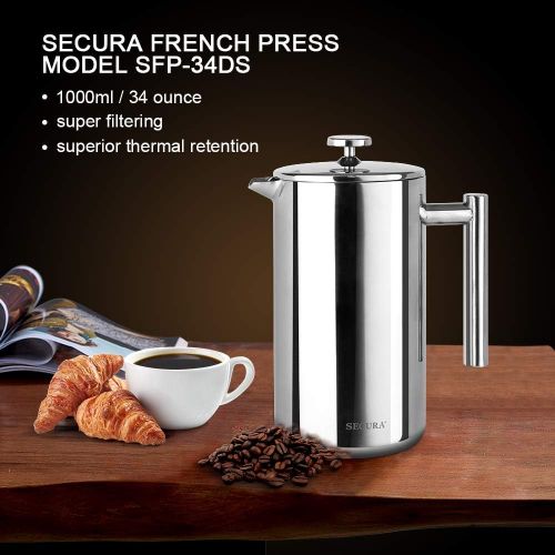  Secura Kaffeebereiter, Franzoesische Kaffeepresse, French Press aus Edelstahl, Caffettiera, Kaffeekanne mit Edelstahlfilter, 1 Liter, in Silber