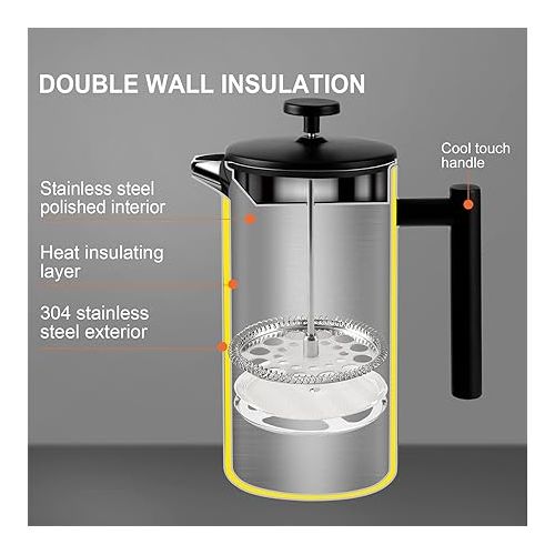  Secura French Press Coffee Maker, Double-Wall 304 Grade Stainless Steel Coffee Press with 2 Extra Screens, 34oz (1L), Black