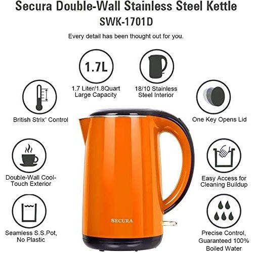  [아마존베스트]Secura The Original Stainless Steel Double Wall Electric Water Kettle 1.8 Quart (Orange)