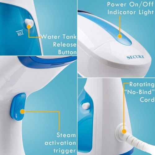  [아마존베스트]Secura Instant-Steam Handheld Garment and Fabric Steamer with Stainless Steel Soleplate and Accessories, 1000-Watt 360° Rotating Non-Bind Cord (2-Year Warranty)