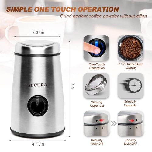  Secura Electric Coffee and Spice Grinder with Stainless Steel Blades