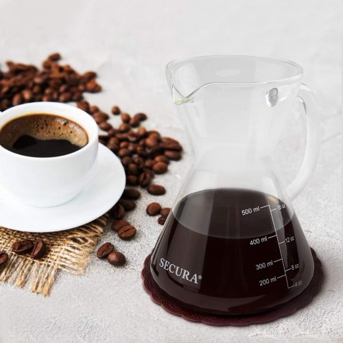  Secura Pour Over Coffee Dripper, Borosilicate Glass Carafe with Stainless Steel Filter, 17 Ounce