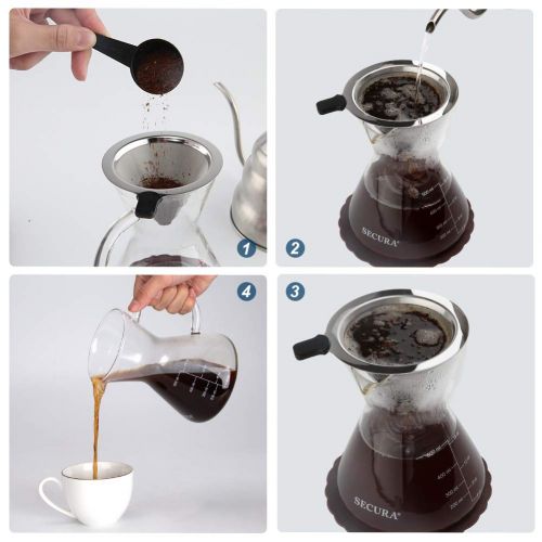  Secura Pour Over Coffee Dripper, 17 oz, Glass Coffeemaker with Stainless Steel Filter
