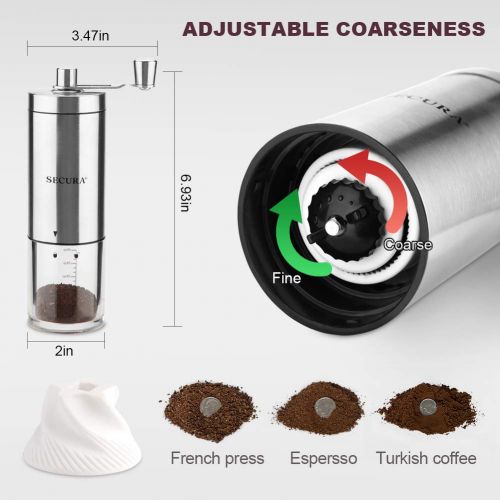  Secura Manual Coffee Grinder,Conical Ceramic Burr Coffee Mill, Kitchen Travel Stainless Steel Coffee Bean Grinder with Extra 16 Printing Stencils, Cleaning Brush, Coffee Scoop and