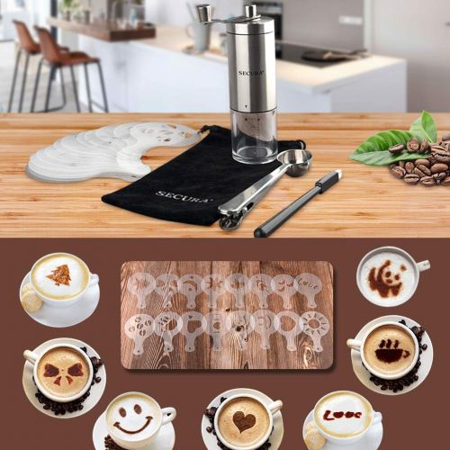  Secura Manual Coffee Grinder,Conical Ceramic Burr Coffee Mill, Kitchen Travel Stainless Steel Coffee Bean Grinder with Extra 16 Printing Stencils, Cleaning Brush, Coffee Scoop and