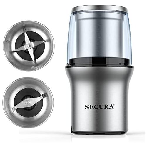  Secura Electric Coffee Grinder and Spice Grinder with 2 Stainless Steel Blades Removable Bowls