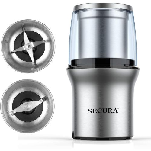  Secura Electric Coffee Grinder and Spice Grinder with 2 Stainless Steel Blades Removable Bowls