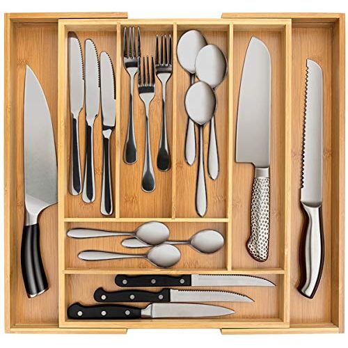  Secura Bamboo Expandable Drawer Organizer, Silverware Utensil Holder and Cutlery Tray for Kitchen, Office, Bathroom and Home (8 Expandable Compartments)