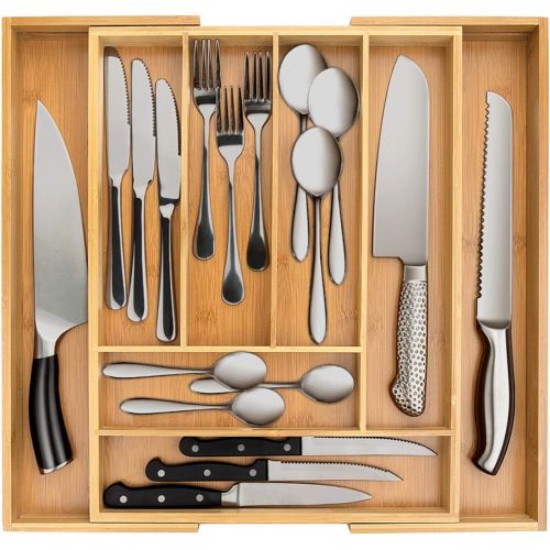  Secura Bamboo Expandable Drawer Organizer, Silverware Utensil Holder and Cutlery Tray for Kitchen, Office, Bathroom and Home (8 Expandable Compartments)