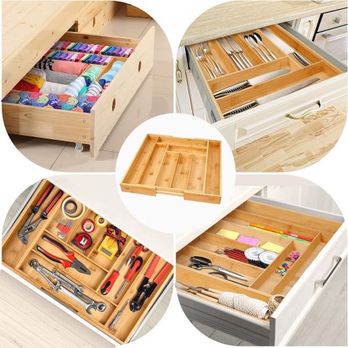  Secura Bamboo Expandable Drawer Organizer, Silverware Utensil Holder and Cutlery Tray for Kitchen, Office, Bathroom and Home (8 Expandable Compartments)