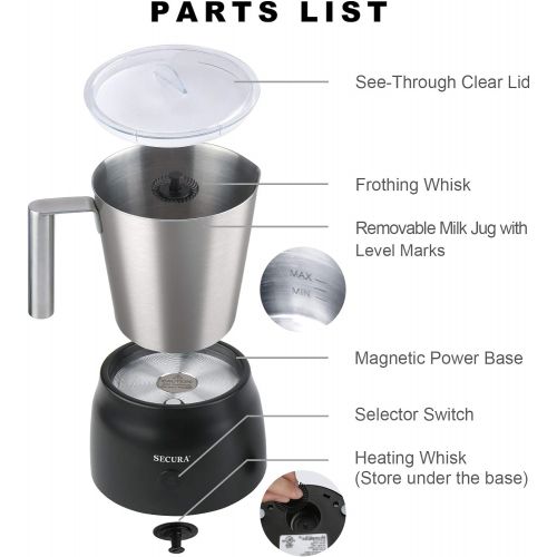  Secura Detachable Milk Frother, 17oz Electric Milk Steamer Stainless Steel, Automatic Hot/Cold Foam and Hot Chocolate Maker with Dishwasher Safe, 120V