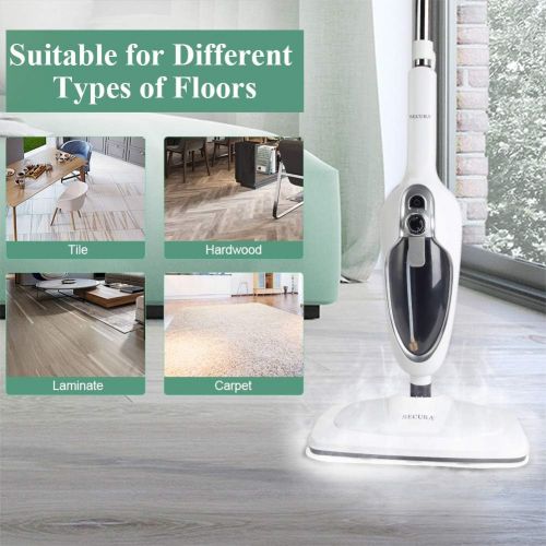  Secura Steam Mop 10-in-1 Convenient Detachable Steam Cleaner, White Multifunctional Cleaning Machine Floor Steamer with 3 Microfiber Mop Pads