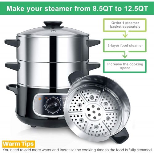  Secura 2 Stainless Steel Food Steamer 8.5 Qt Electric Glass Lid Vegetable Steamer Double Tiered Stackable Baskets with Timer