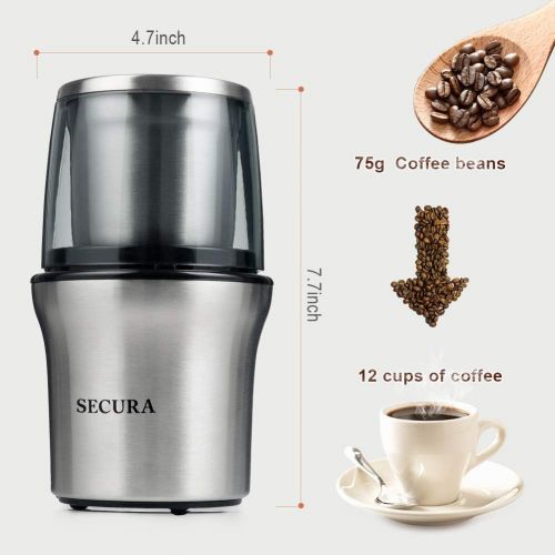  Secura Electric Coffee Grinder and Spice Grinder with 2 Stainless Steel Blades Removable Bowls