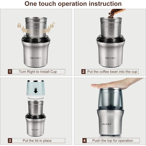  Secura Electric Coffee Grinder and Spice Grinder with 2 Stainless Steel Blades Removable Bowls