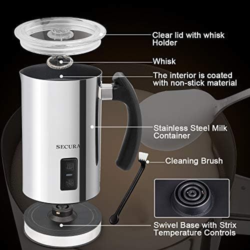  Secura Electric Milk Frother, Automatic Milk Steamer Warm or Cold Foam Maker for Coffee, Cappuccino, Latte, Stainless Steel Milk Warmer with Strix Temperature Controls