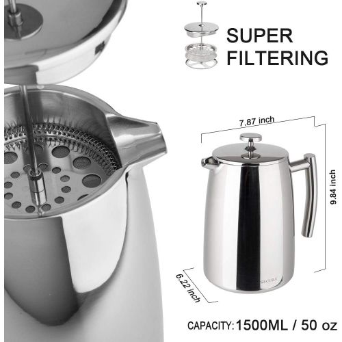  Secura French Press Coffee Maker, 50-Ounce, 18/10 Stainless Steel Insulated Coffee Press with Extra Screen