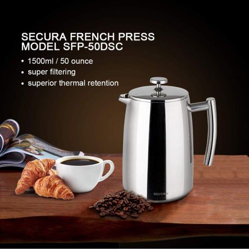  Secura French Press Coffee Maker, 50-Ounce, 18/10 Stainless Steel Insulated Coffee Press with Extra Screen