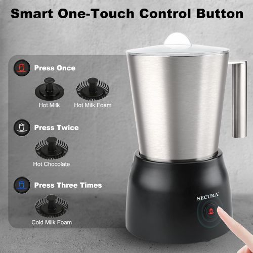  Secura 4 in 1 Electric Automatic Milk Frother and Hot Chocolate Maker Machine 17oz/500ml Foam Stainless Steel Dishwasher Safe Cordless Detachable Milk Jug