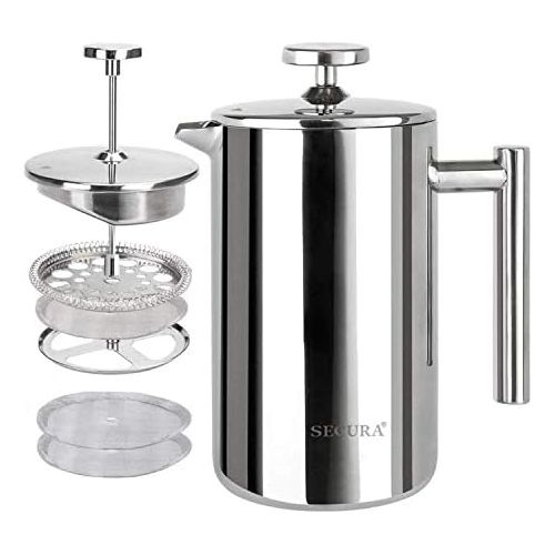  [아마존베스트]Secura French Press Coffee Maker, 304 Grade Stainless Steel Insulated Coffee Press with 2 Extra Screens, 12oz (0.35 Litre), Silver