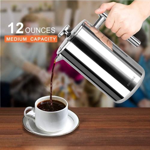  [아마존베스트]Secura French Press Coffee Maker, 304 Grade Stainless Steel Insulated Coffee Press with 2 Extra Screens, 12oz (0.35 Litre), Silver