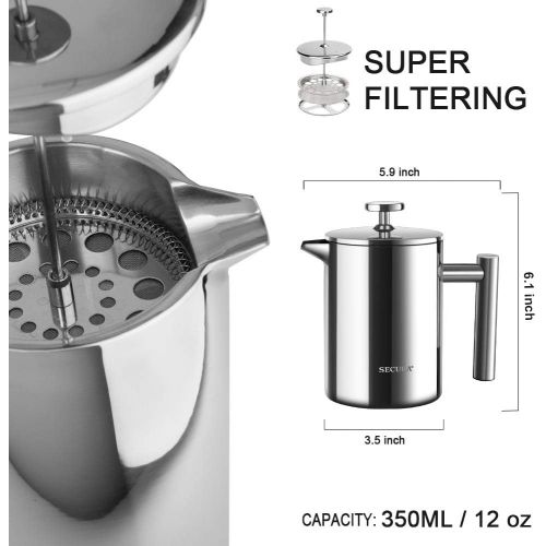  [아마존베스트]Secura French Press Coffee Maker, 304 Grade Stainless Steel Insulated Coffee Press with 2 Extra Screens, 12oz (0.35 Litre), Silver