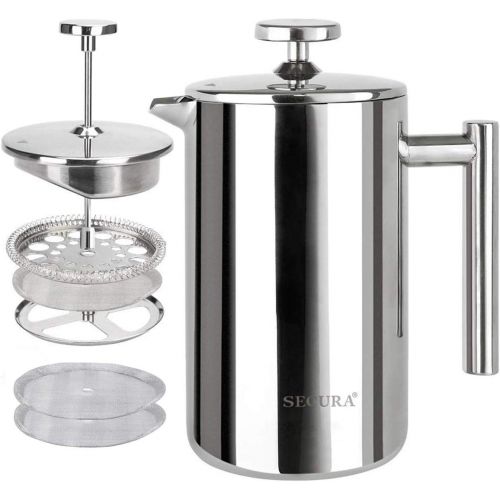  [아마존베스트]Secura French Press Coffee Maker, 304 Grade Stainless Steel Insulated Coffee Press with 2 Extra Screens, 12oz (0.35 Litre), Silver