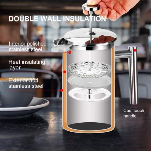  [아마존베스트]Secura French Press Coffee Maker, 304 Grade Stainless Steel Insulated Coffee Press with 2 Extra Screens, 12oz (0.35 Litre), Silver