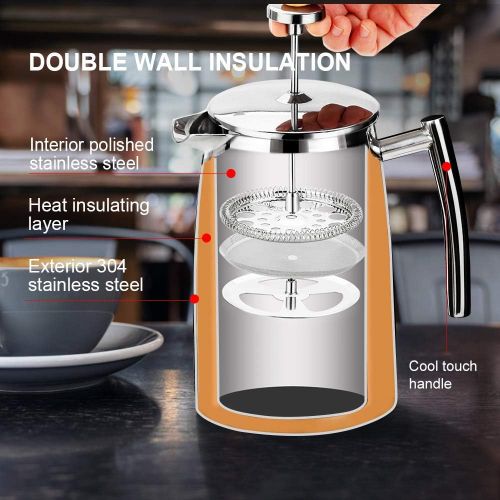  [아마존베스트]Secura French Press Coffee Maker, 50-Ounce, 18/10 Stainless Steel Insulated Coffee Press with Extra Screen