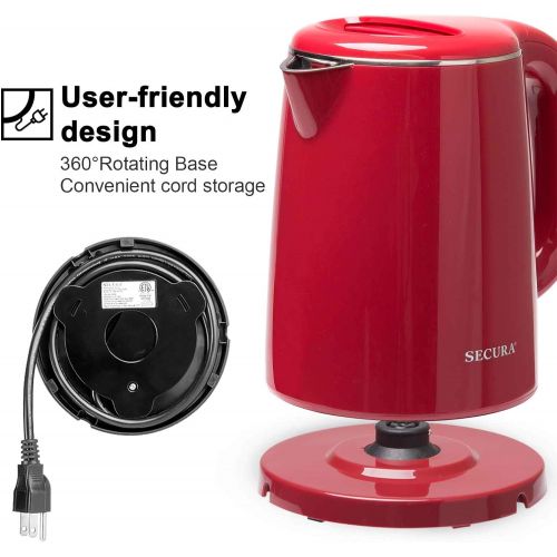 [아마존베스트]Secura Stainless Steel Double Wall Electric Kettle Water Heater for Tea Coffee w/Auto Shut-Off and Boil-Dry Protection, 1.0L (Red) (SWK-1001DR)