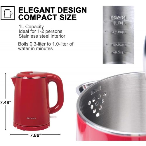  [아마존베스트]Secura Stainless Steel Double Wall Electric Kettle Water Heater for Tea Coffee w/Auto Shut-Off and Boil-Dry Protection, 1.0L (Red) (SWK-1001DR)