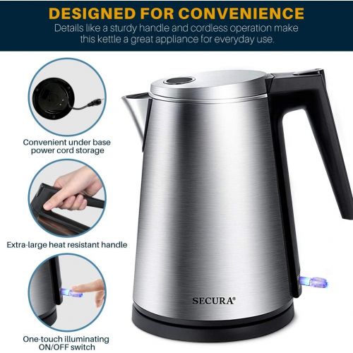  [아마존베스트]Secura Double Wall Stainless Steel Electric Kettle Water Heater for Tea Coffee w/Auto Shut-Off and Boil-Dry Protection, 1.5L/1.6Qt