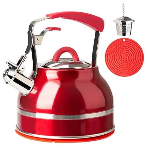  [아마존베스트]Secura Whistling Tea Kettle, 2.3 Qt Tea Pot, Stainless Steel Hot Water Kettle for Stovetops with Silicone Handle, Tea Infuser, Silicone Trivets Mat, Red
