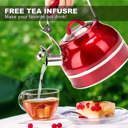  [아마존베스트]Secura Whistling Tea Kettle, 2.3 Qt Tea Pot, Stainless Steel Hot Water Kettle for Stovetops with Silicone Handle, Tea Infuser, Silicone Trivets Mat, Red