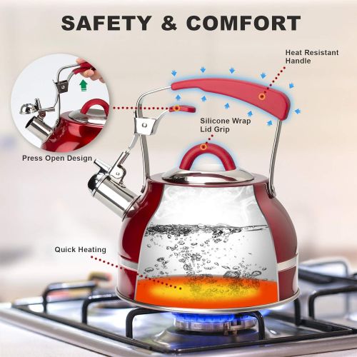  [아마존베스트]Secura Whistling Tea Kettle, 2.3 Qt Tea Pot, Stainless Steel Hot Water Kettle for Stovetops with Silicone Handle, Tea Infuser, Silicone Trivets Mat, Red