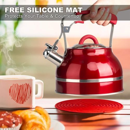  [아마존베스트]Secura Whistling Tea Kettle, 2.3 Qt Tea Pot, Stainless Steel Hot Water Kettle for Stovetops with Silicone Handle, Tea Infuser, Silicone Trivets Mat, Red