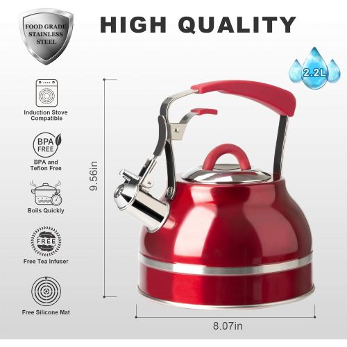  [아마존베스트]Secura Whistling Tea Kettle, 2.3 Qt Tea Pot, Stainless Steel Hot Water Kettle for Stovetops with Silicone Handle, Tea Infuser, Silicone Trivets Mat, Red