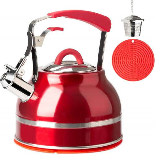  [아마존베스트]Secura Whistling Tea Kettle, 2.3 Qt Tea Pot, Stainless Steel Hot Water Kettle for Stovetops with Silicone Handle, Tea Infuser, Silicone Trivets Mat, Red