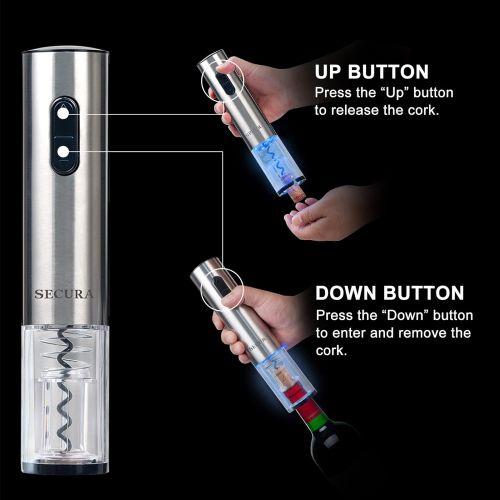  [아마존베스트]Secura Electric Wine Opener, Automatic Electric Wine Bottle Corkscrew Opener with Foil Cutter, Rechargeable (Stainless Steel)